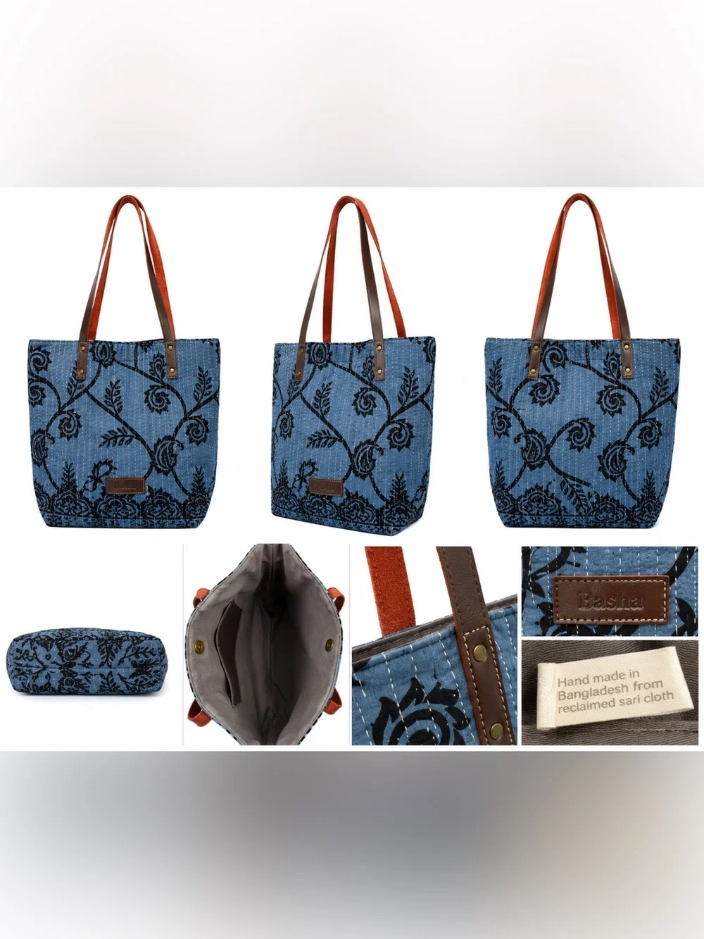 Basha Handmade Reclaimed Sari Cloth Quilted Tote Bag Blue Floral Leather Straps